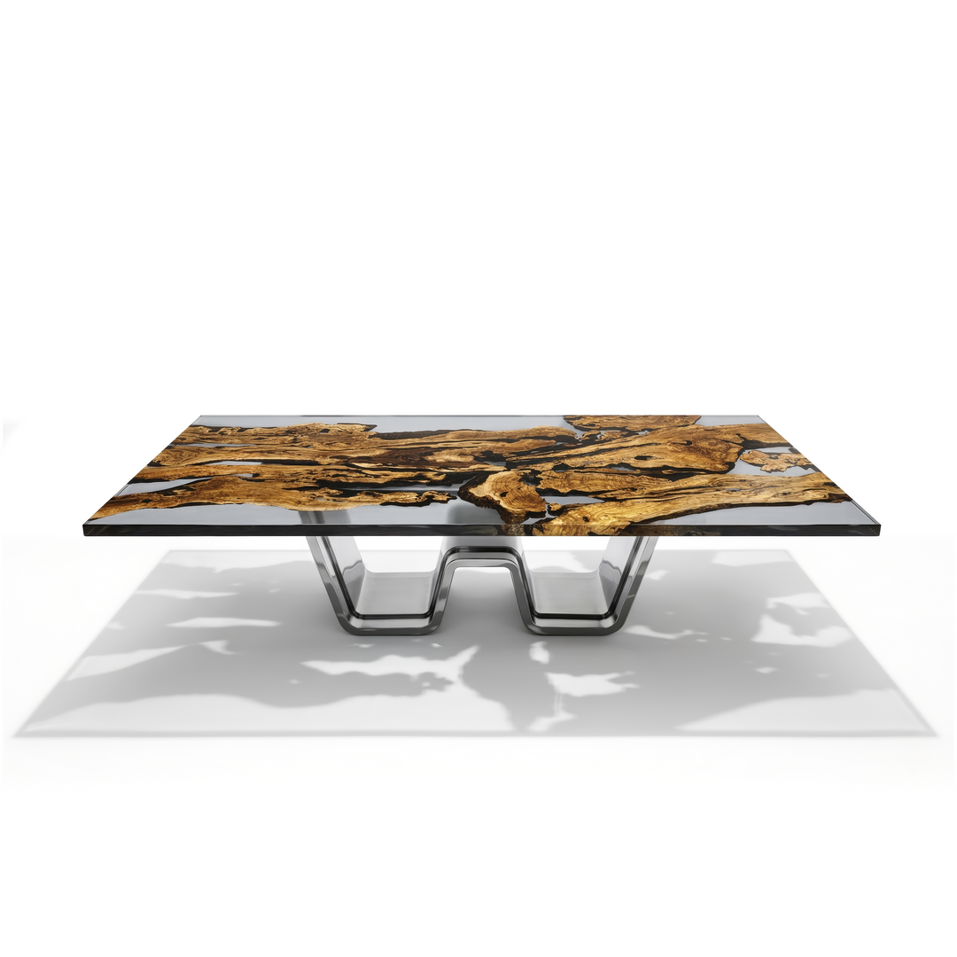 Arditi Eldoris dining table with olive wood and clear resin top and satin stainless-steel base, front studio view on white