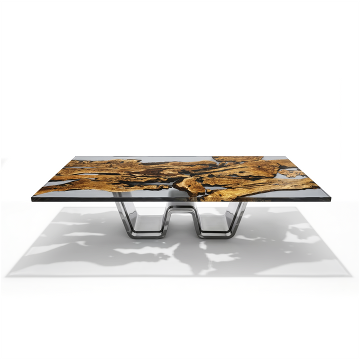 Arditi Eldoris dining table with olive wood and clear resin top and satin stainless-steel base, front studio view on white