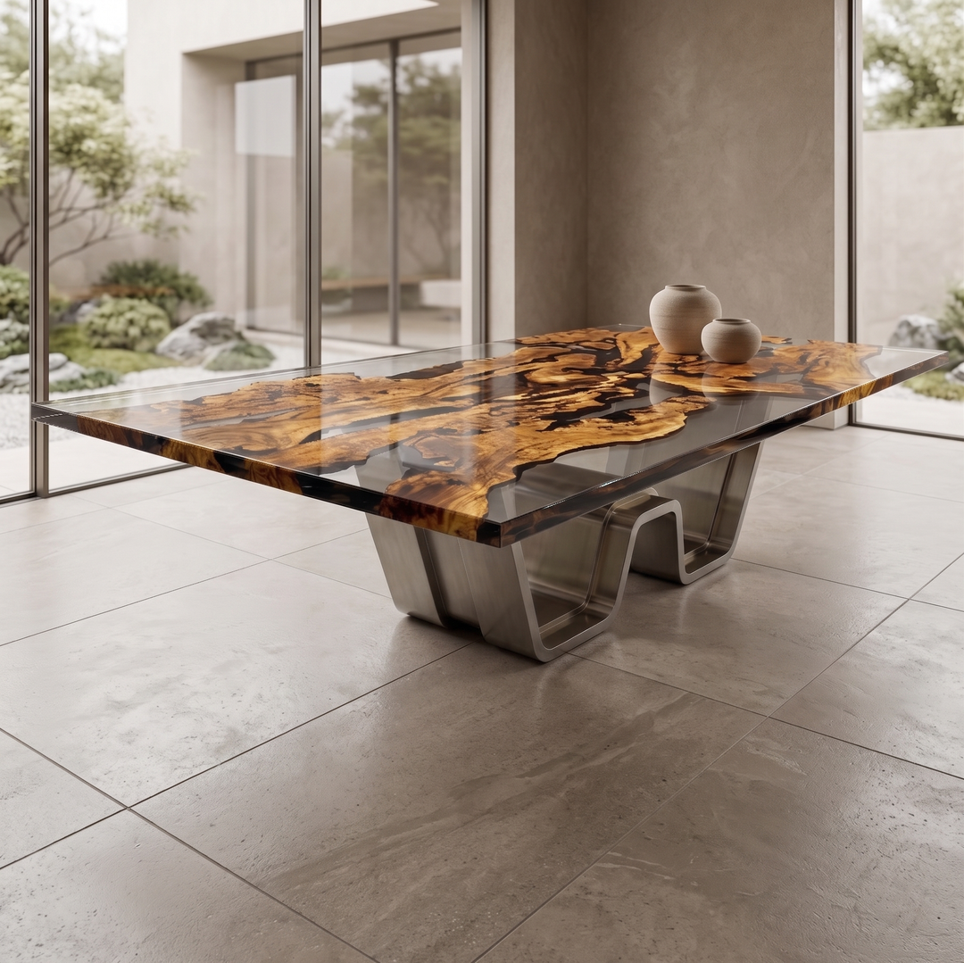Arditi Eldoris olive wood and clear resin dining table beside floor-to-ceiling windows in a garden-facing interior, styled with two ceramic vessels