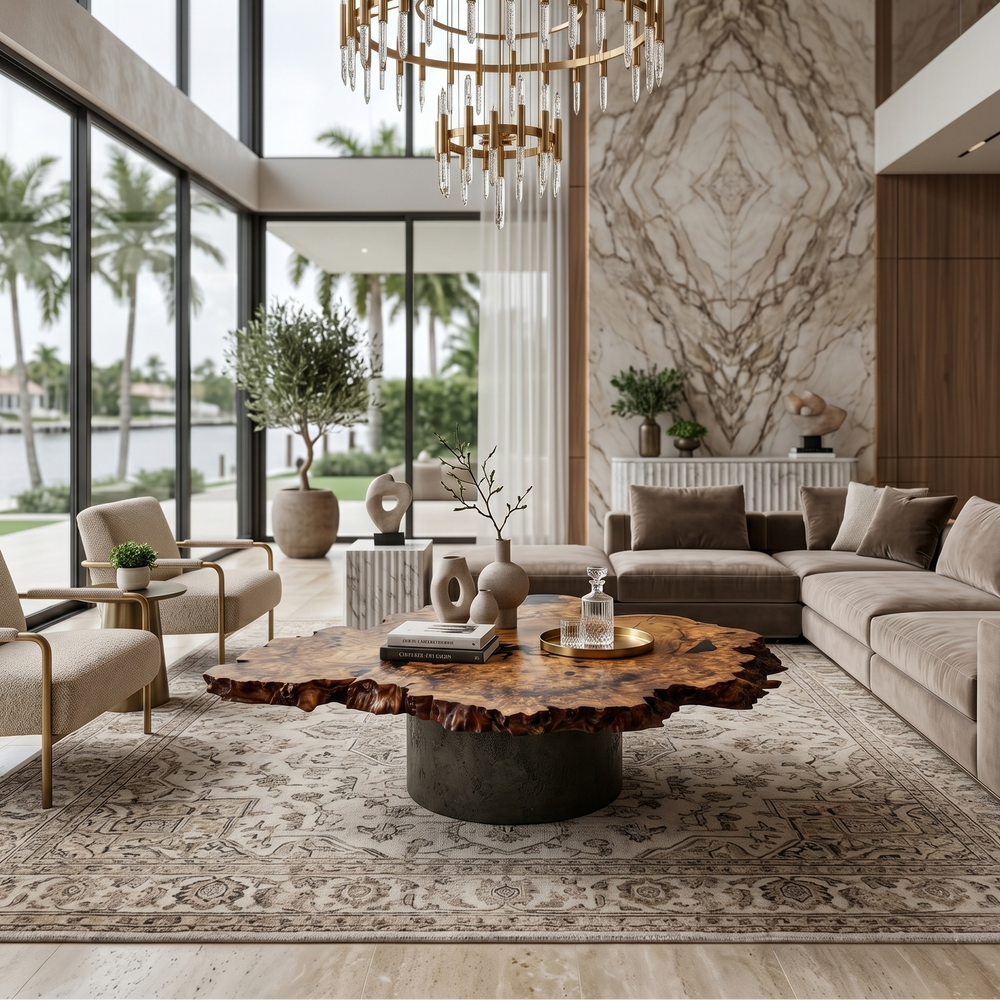 Arditi Echidna live-edge elm coffee table styled between cream seating in a light-filled living room overlooking water
