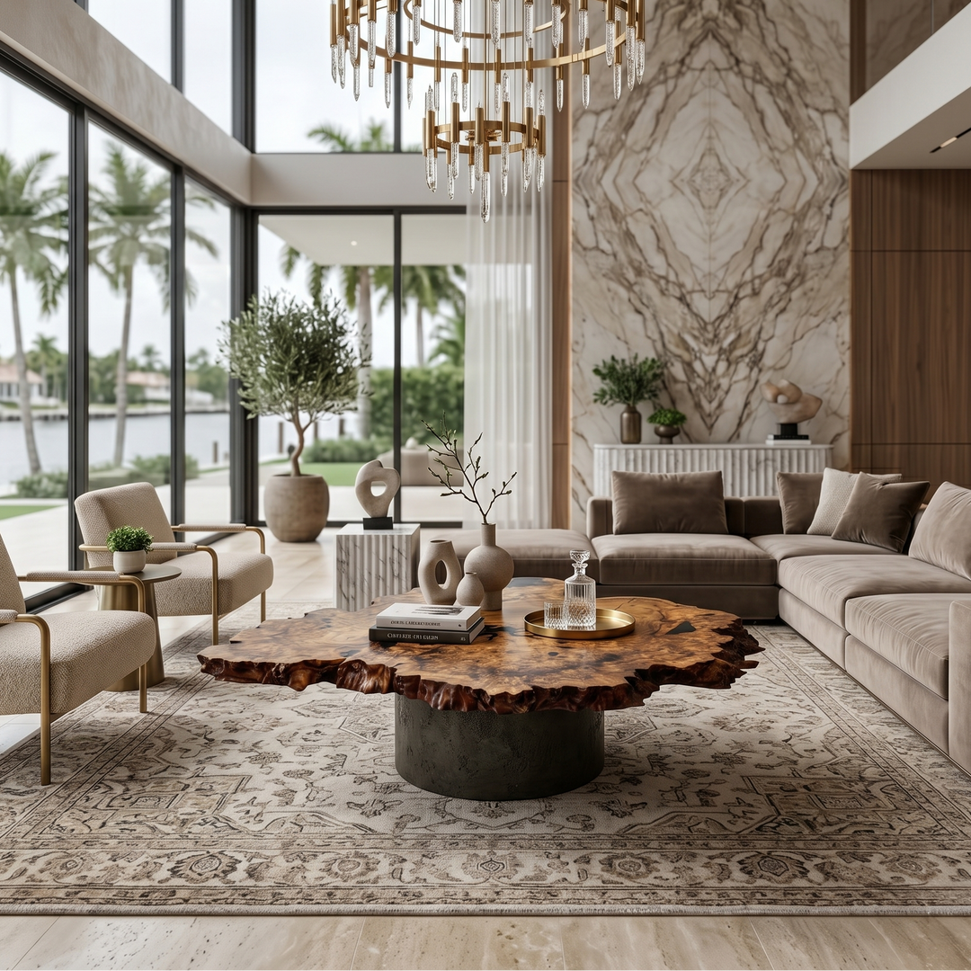 Arditi Echidna live-edge elm coffee table styled between cream seating in a light-filled living room overlooking water