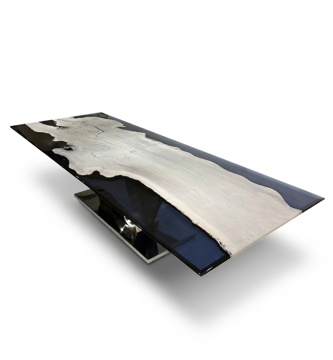 Arditi Bleached Evandros walnut and clear resin dining table with polished chrome base, angled studio view on white