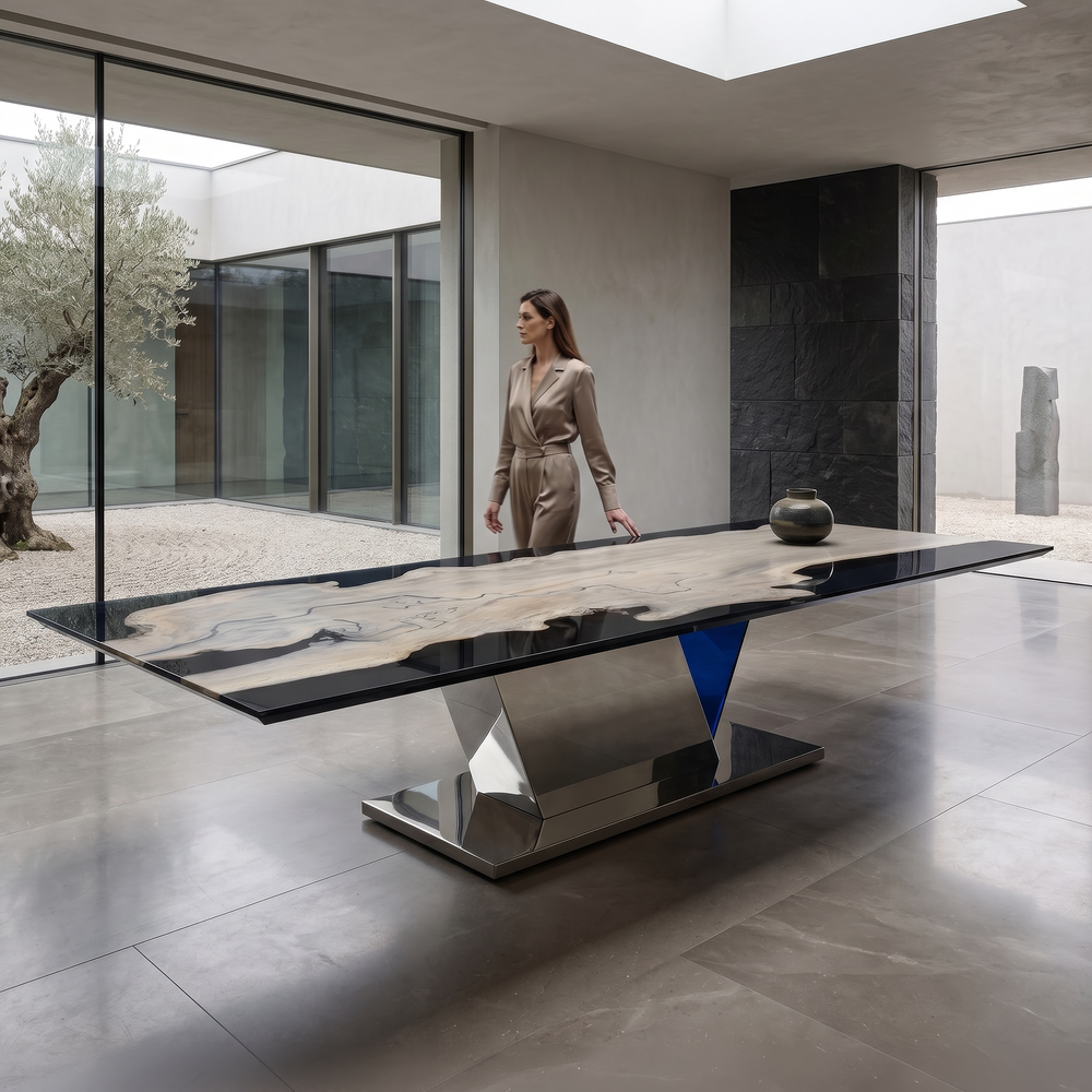 Arditi Bleached Evandros dining table in a bright courtyard-facing interior, with a woman standing behind its pale walnut and clear resin top