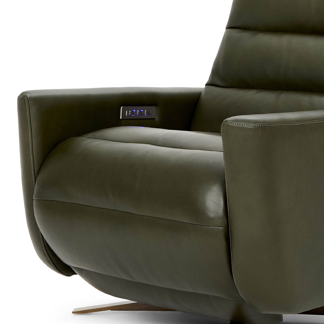 American Leather Cirrus Comfort Solace recliner in olive green leather, detail of the seat and in-arm power controls on white