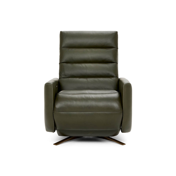American Leather Cirrus Comfort Solace recliner in olive green leather, angled studio view on white