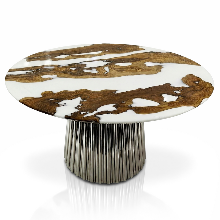 Arditi Chrome Grazia round dining table with olive wood and white resin top and polished chrome pedestal base, studio view on white