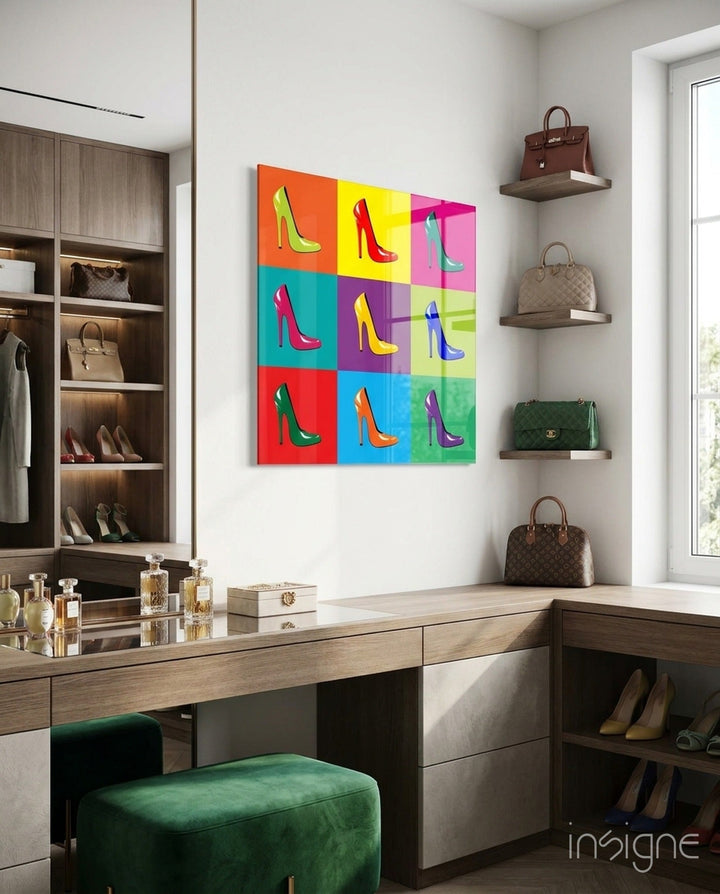 Colored Shoes Glass Wall Art - Lifestyle preview in a designer interior
