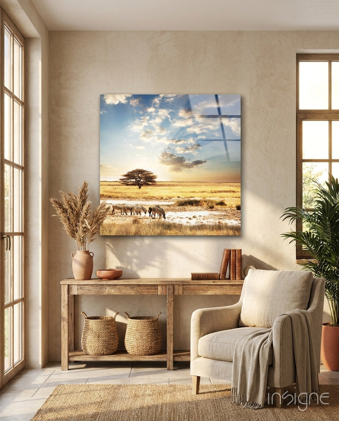 Africa (Wide Meadow) Glass Wall Art - Lifestyle preview in a designer interior