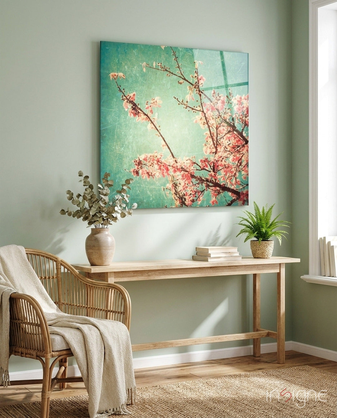 Cherry Blossom Glass Wall Art - Lifestyle preview in a designer interior