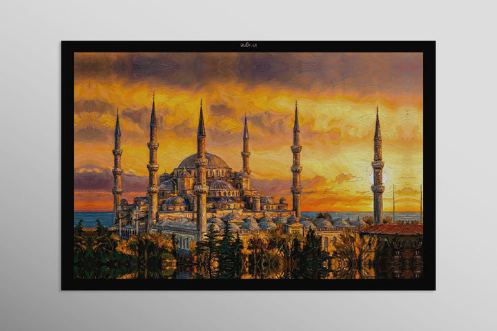 Golden Sunset Serenade: Blue Mosque — 3D Haptic Embossed High-Gloss Luxury Wall Art Home &amp; Garden > Decor > Artwork > Posters, Prints, &amp; Visual Artwork Insigne Art Design