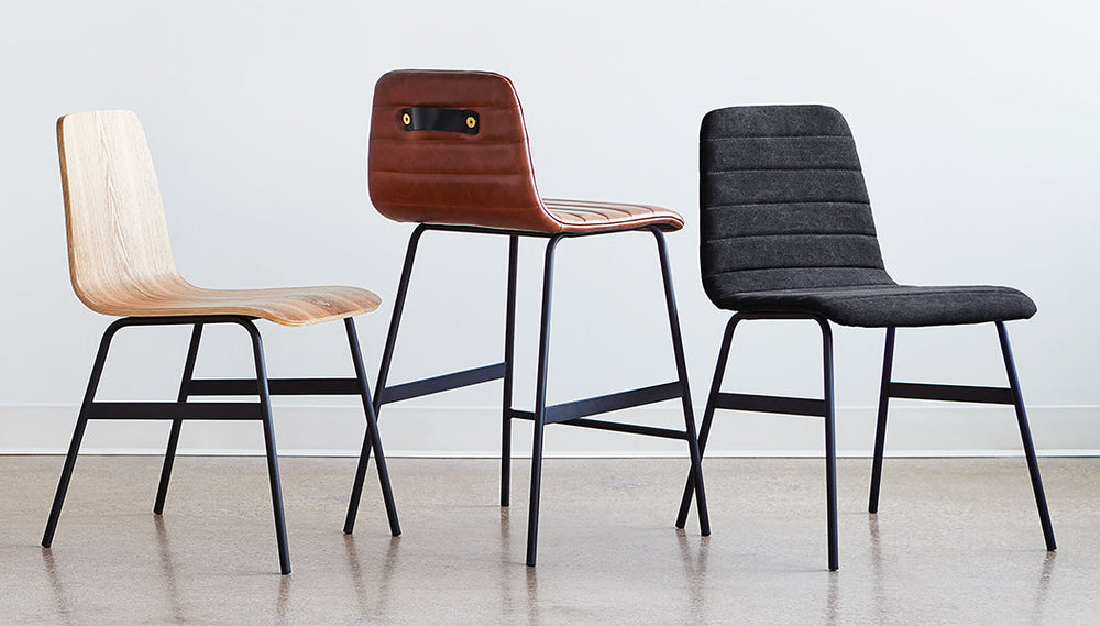 Lecture Dining Chair Upholstered by Gus Modern finish and detail view
