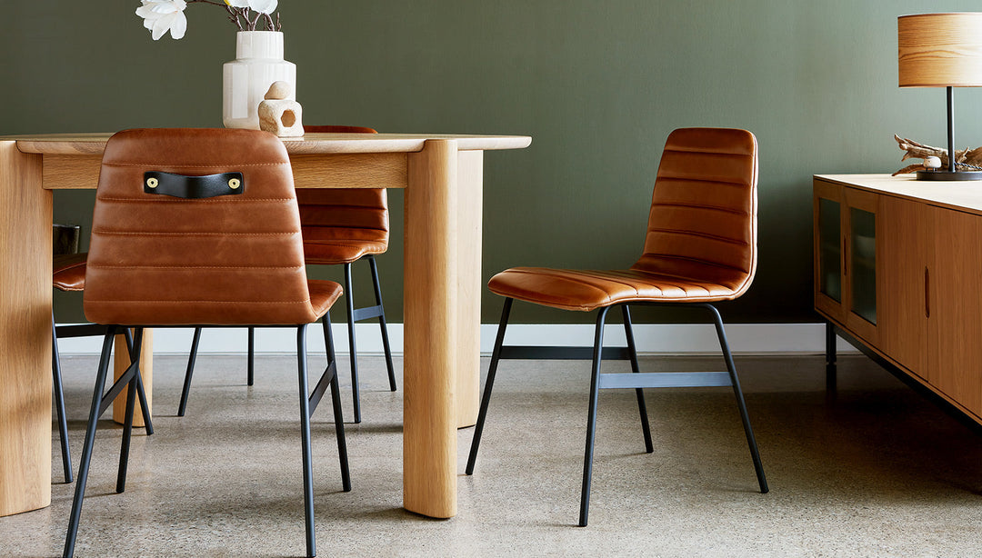 Lecture Dining Chair Upholstered by Gus Modern finish and detail view