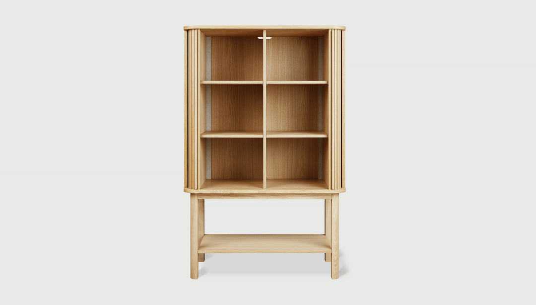 Ledger Tall Cabinet by Gus Modern finish and detail view