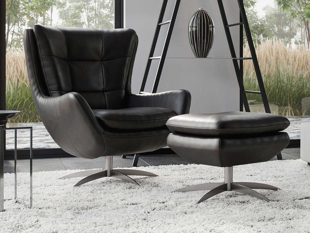 McCann Charcoal Leather Swivel Chair and Ottoman Model 596 Lounge Chairs Moroni
