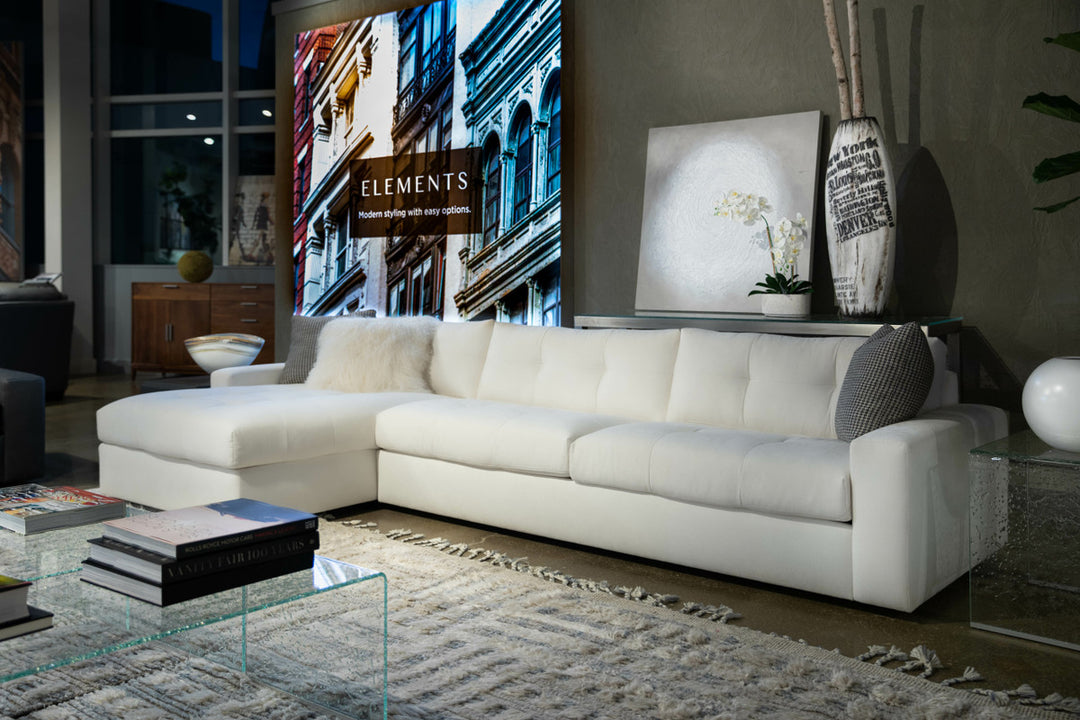 Montara family room scene: low-leg sofa-chaise arrangement; compare the selected base and cushion detail.