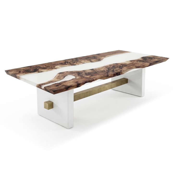 Arditi White Aurelia walnut and white resin dining table with white lacquered base and satin bronze stretcher, angled studio view on white