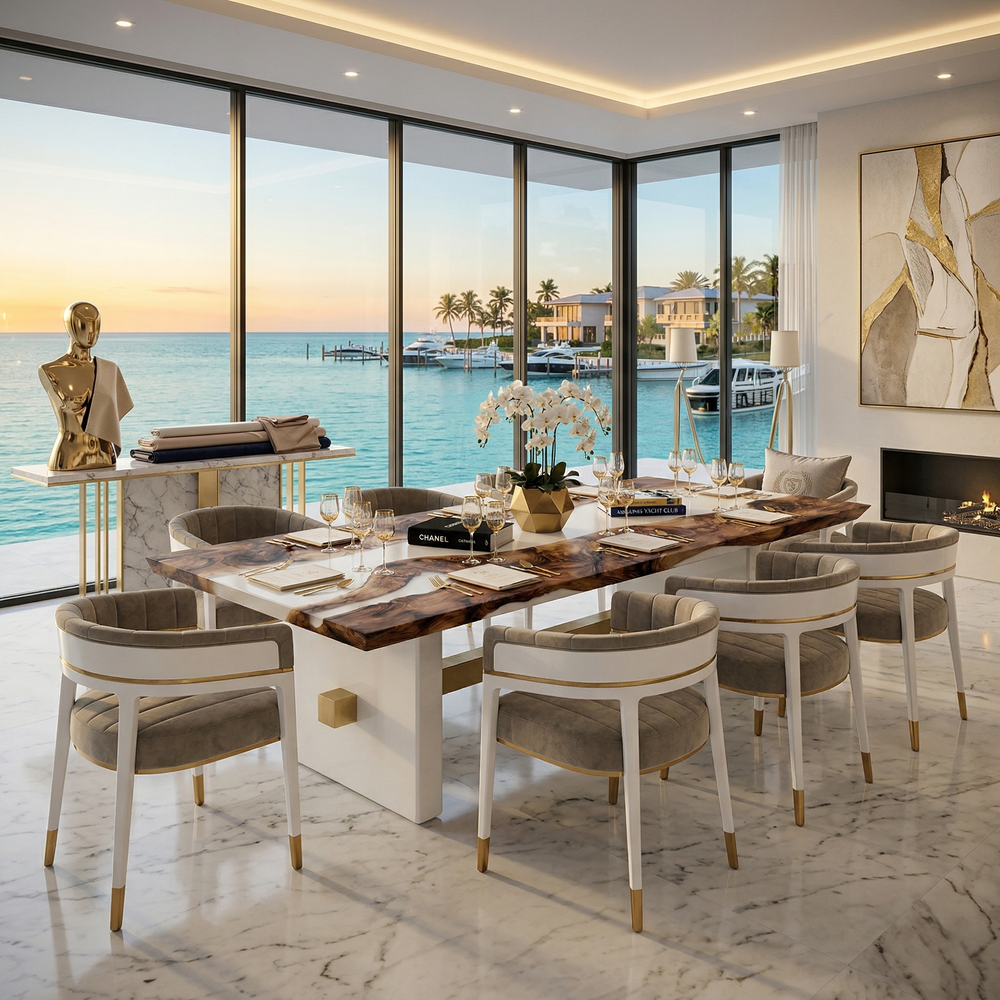 Arditi White Aurelia walnut and white resin dining table with upholstered chairs in a bright waterfront dining room at sunset