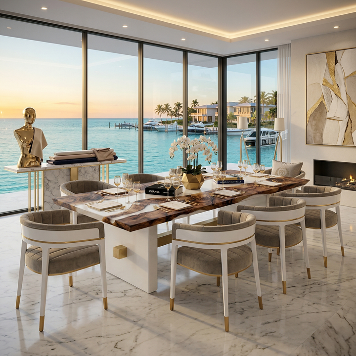 Arditi White Aurelia walnut and white resin dining table with upholstered chairs in a bright waterfront dining room at sunset
