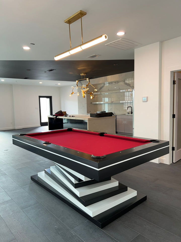 Neavio pool table with red felt, tiered base, interior