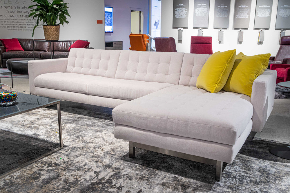 Parker sofa-chaise showroom scene; chaise right, showroom furnishings not included.