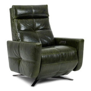 American Leather Rainier Comfort Solace recliner in dark green leather with quilted detailing and a four-star base, angled studio view on white