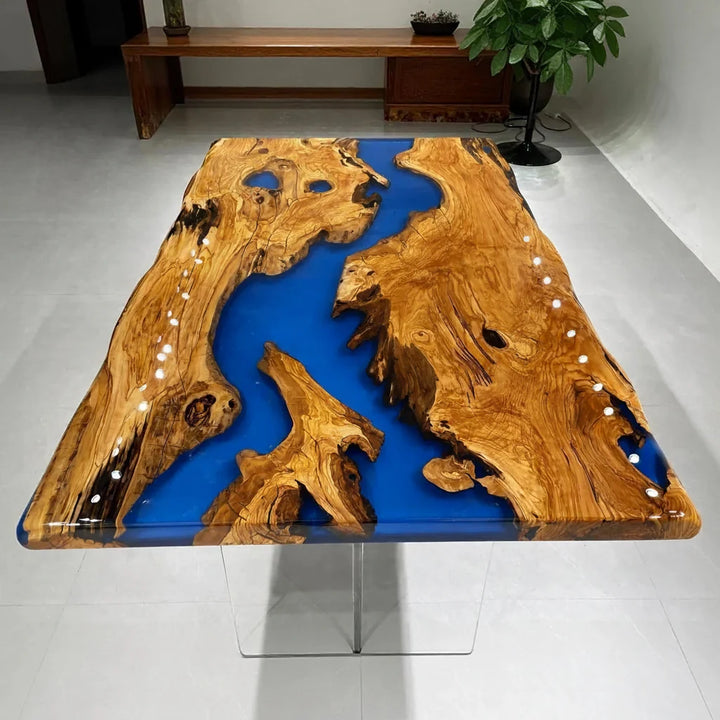 Bold Blue Olive Wood River Dining Table by Thomas Dawn