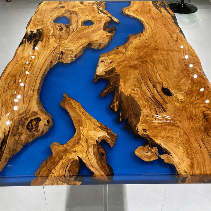 Bold Blue Olive Wood River Dining Table by Thomas Dawn