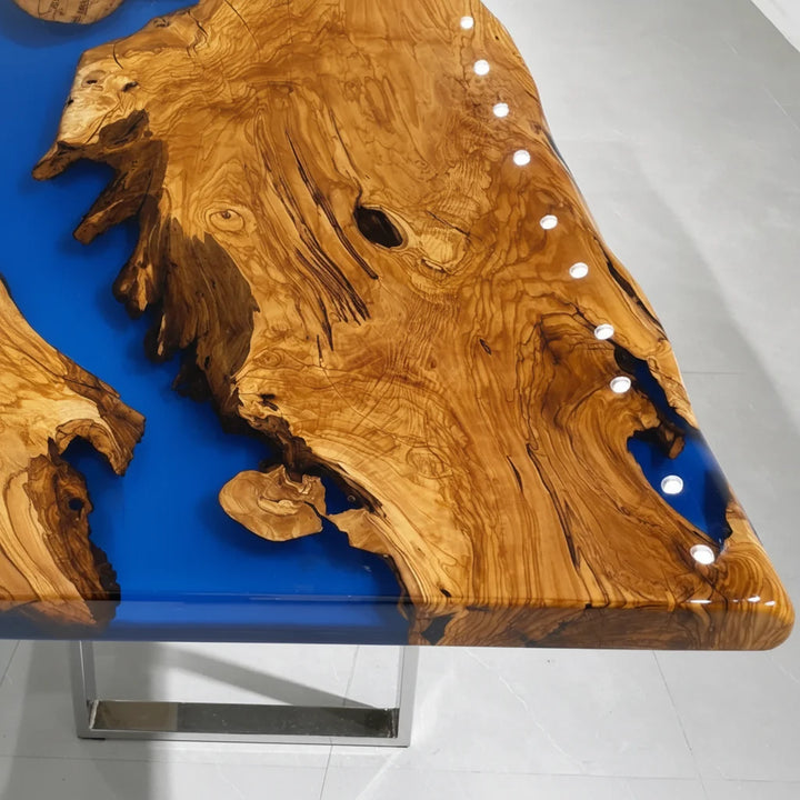 Bold Blue Olive Wood River Dining Table by Thomas Dawn