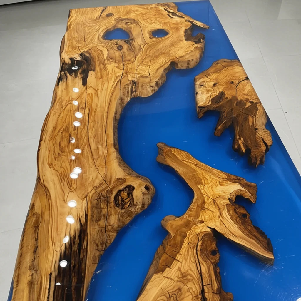 Bold Blue Olive Wood River Dining Table by Thomas Dawn