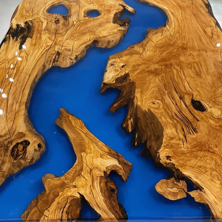 Bold Blue Olive Wood River Dining Table by Thomas Dawn