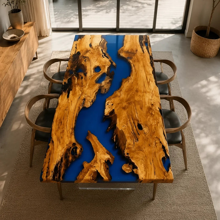 Bold Blue Olive Wood River Dining Table by Thomas Dawn