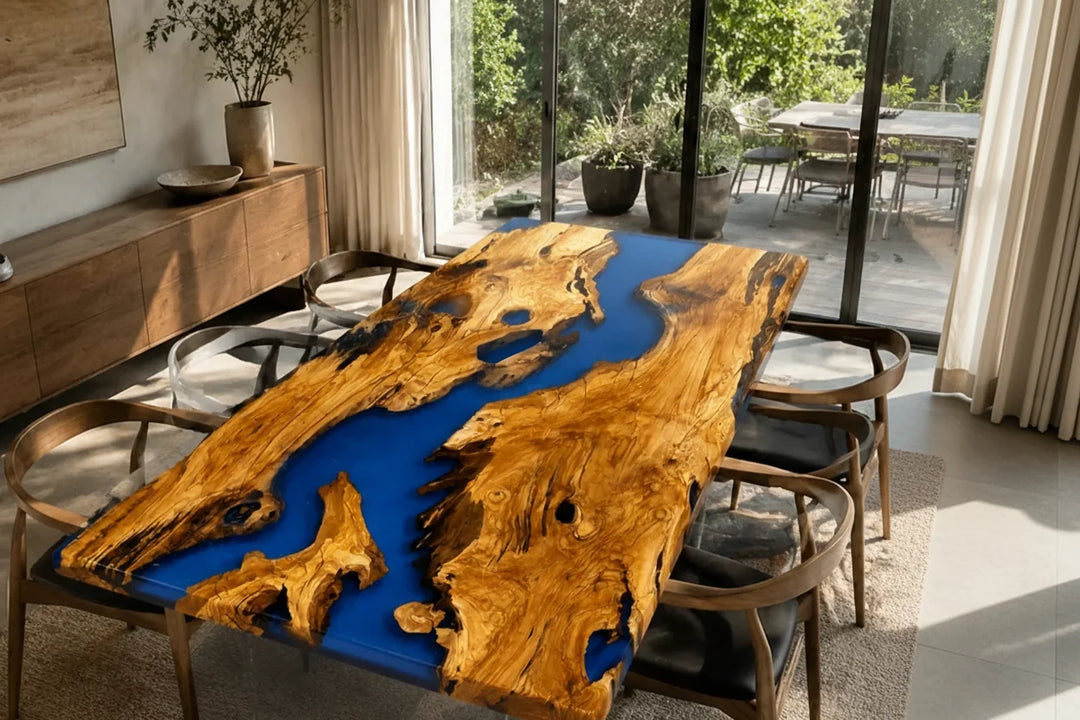 Bold Blue Olive Wood River Dining Table by Thomas Dawn
