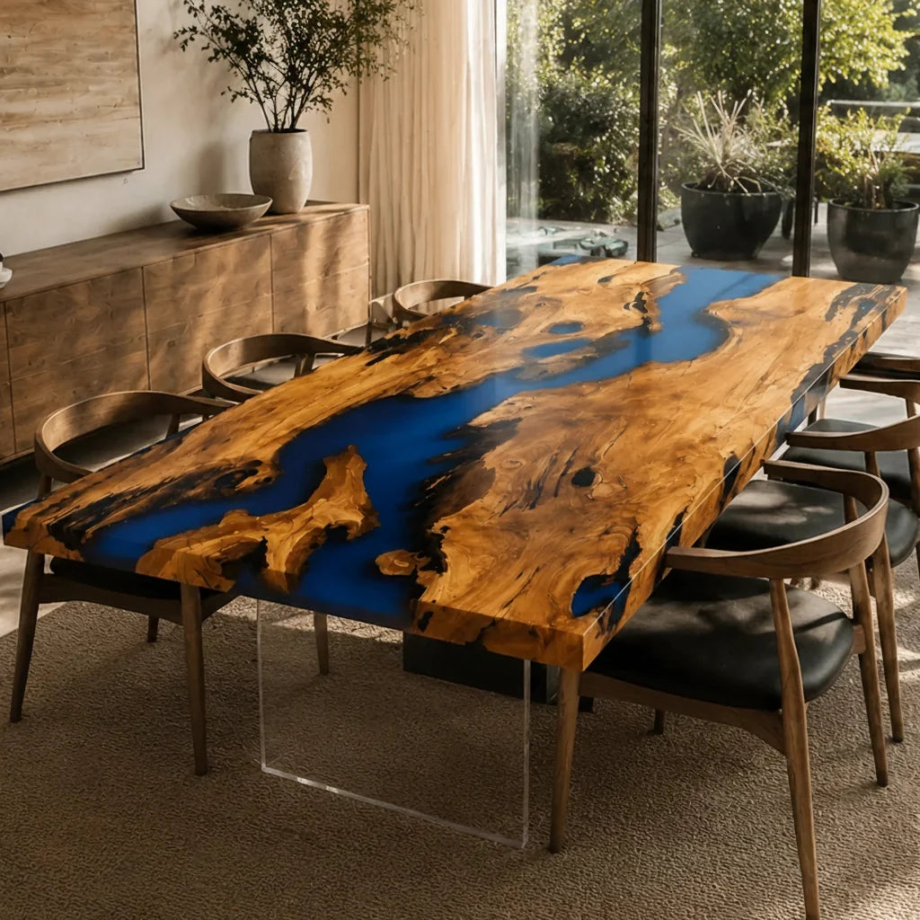 Bold Blue Olive Wood River Dining Table by Thomas Dawn