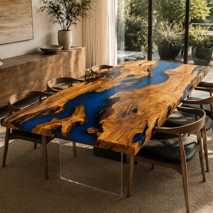 Bold Blue Olive Wood River Dining Table by Thomas Dawn