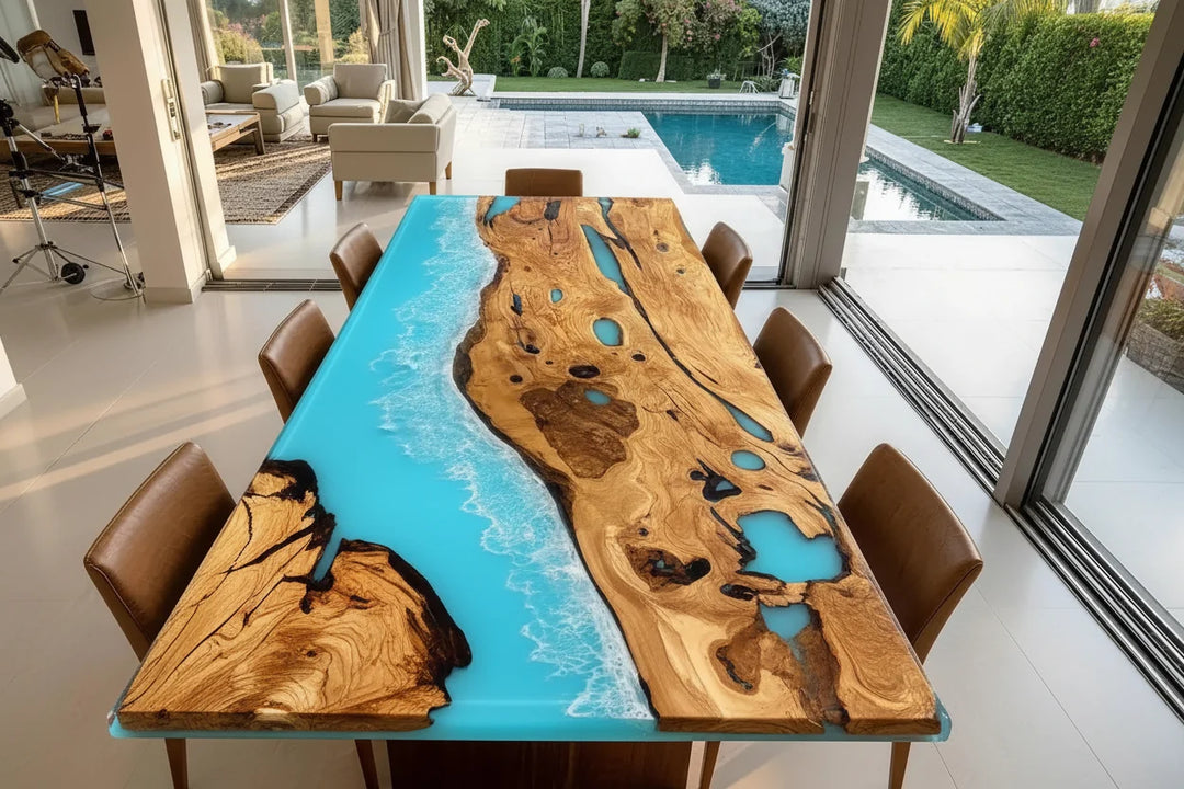 Olive Wood Ocean Epoxy Dining Table by Thomas Dawn