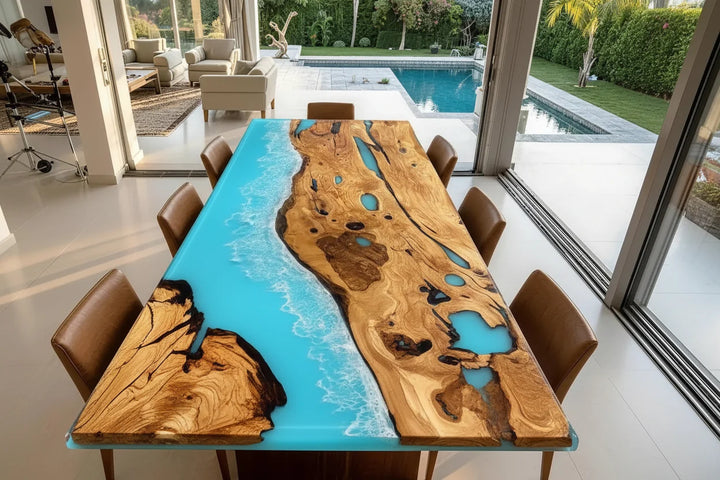 Olive Wood Ocean Epoxy Dining Table by Thomas Dawn