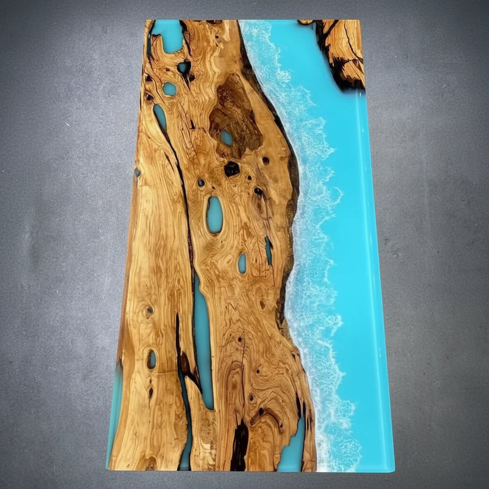 Olive Wood Ocean Epoxy Dining Table by Thomas Dawn