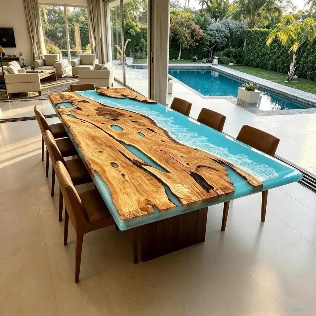 Olive Wood Ocean Epoxy Dining Table by Thomas Dawn
