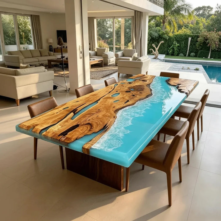 Olive Wood Ocean Epoxy Dining Table by Thomas Dawn