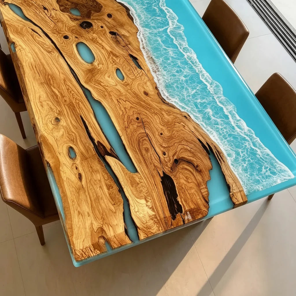 Olive Wood Ocean Epoxy Dining Table by Thomas Dawn