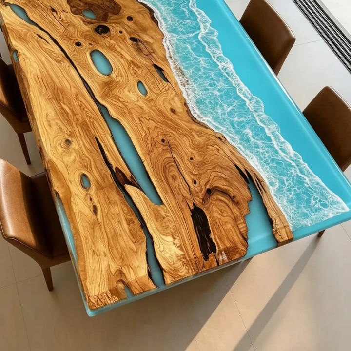 Olive Wood Ocean Epoxy Dining Table by Thomas Dawn