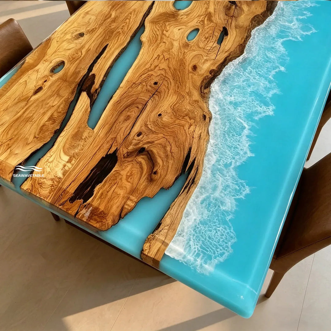 Olive Wood Ocean Epoxy Dining Table by Thomas Dawn