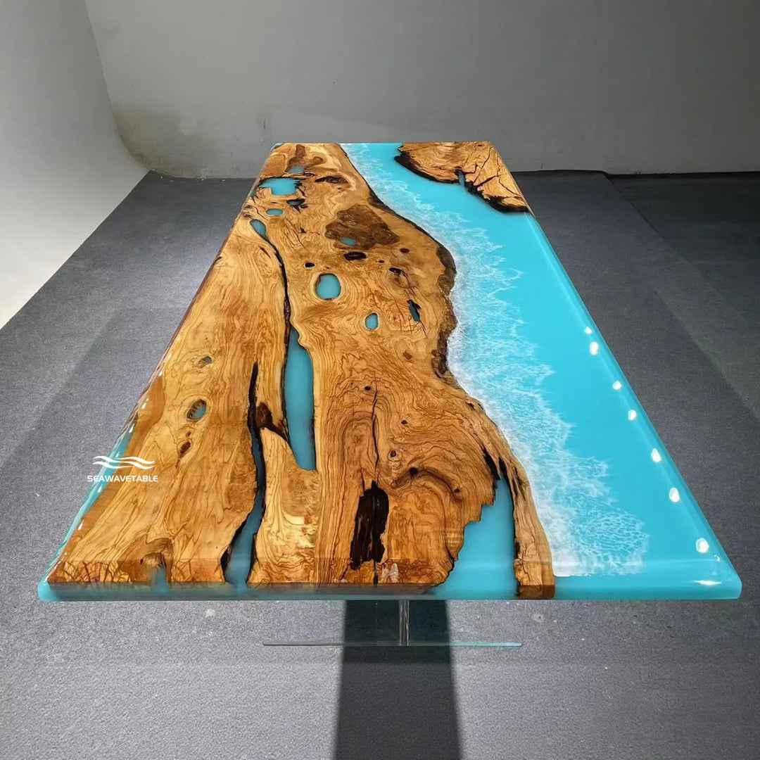 Olive Wood Ocean Epoxy Dining Table by Thomas Dawn