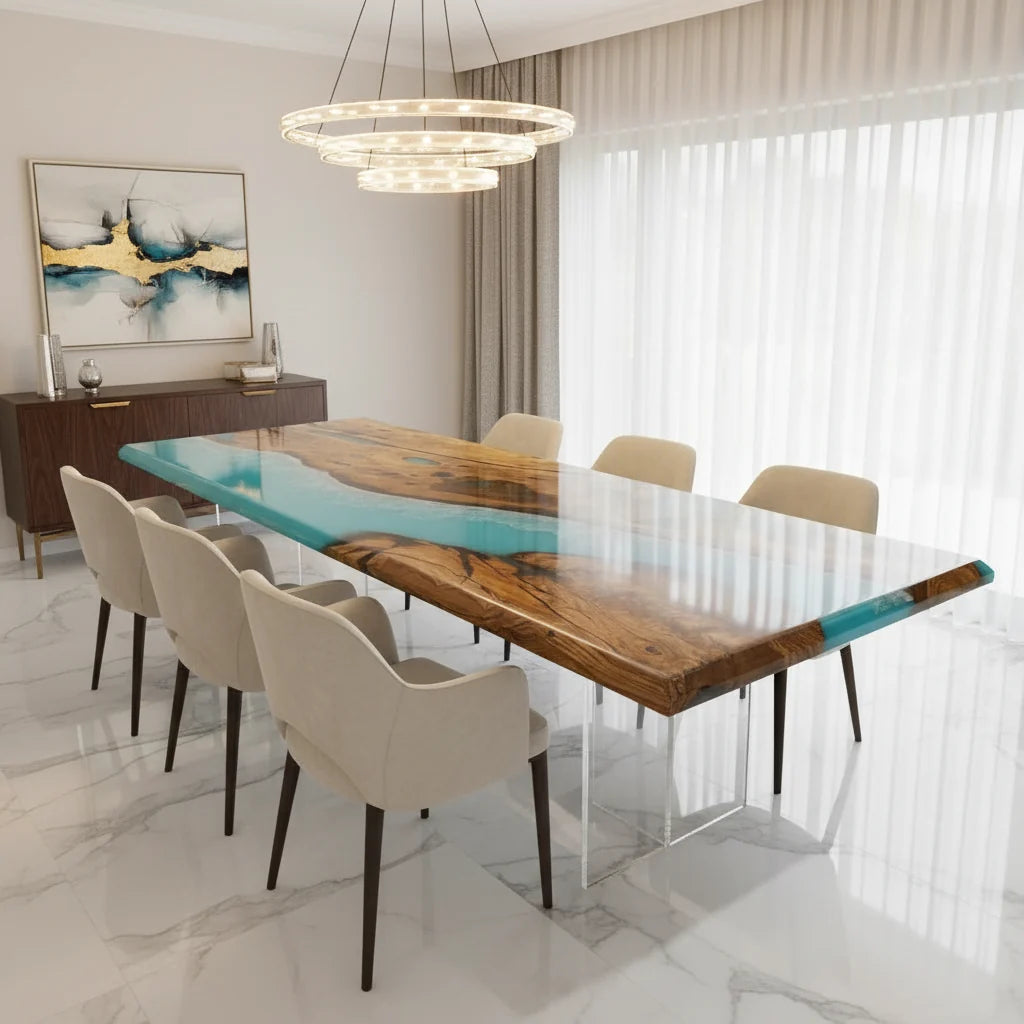 Olive Wood Ocean Epoxy Dining Table by Thomas Dawn