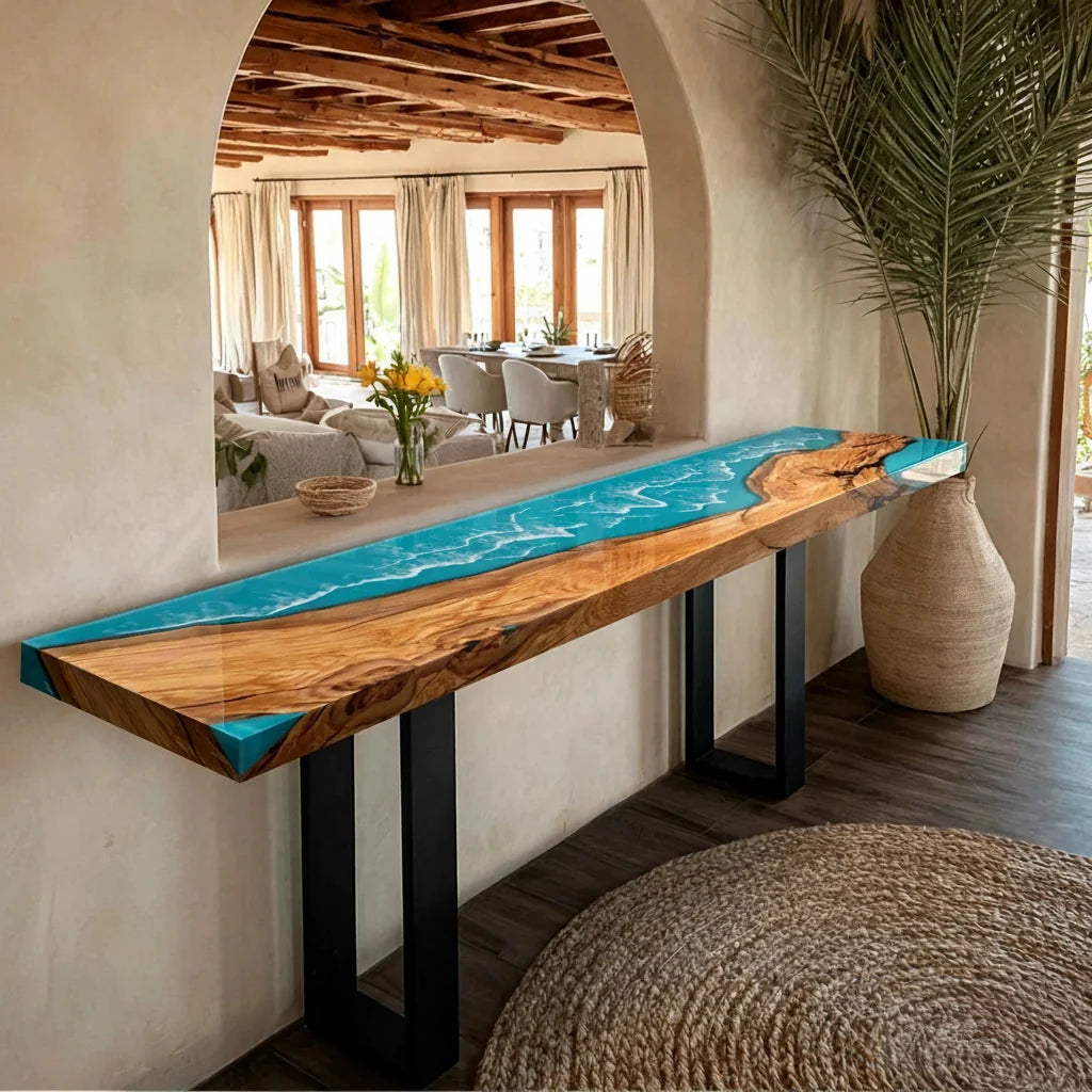 Olive Wood Ocean Wave Console Table by Thomas Dawn