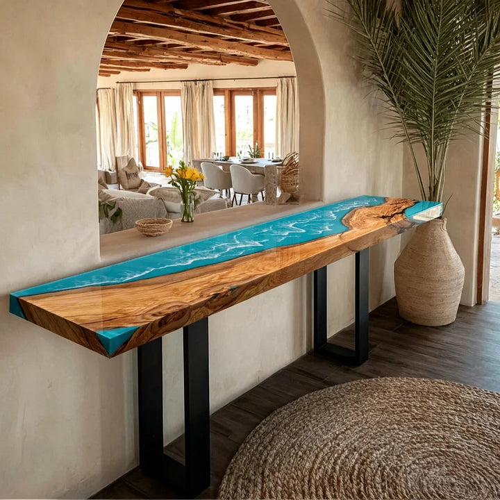 Olive Wood Ocean Wave Console Table by Thomas Dawn