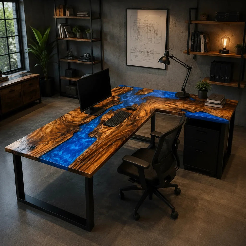 Blue River L-Shaped Walnut Desk by Thomas Dawn