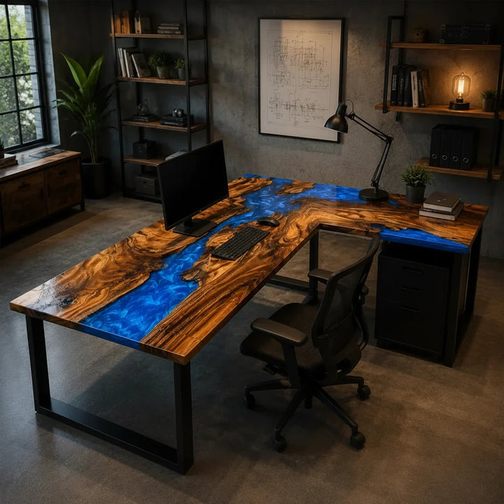Blue River L-Shaped Walnut Desk by Thomas Dawn