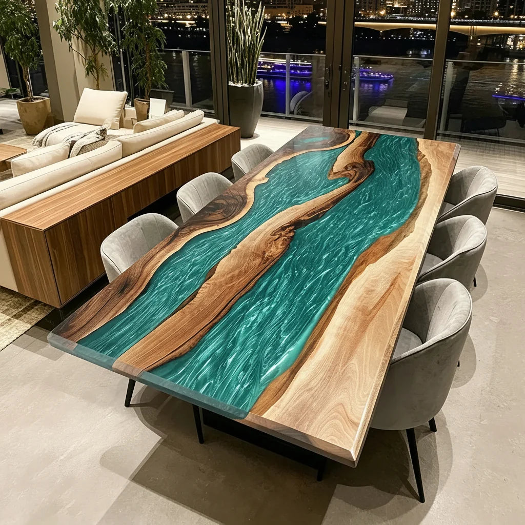 Verdant Green Walnut River Dining Table by Thomas Dawn