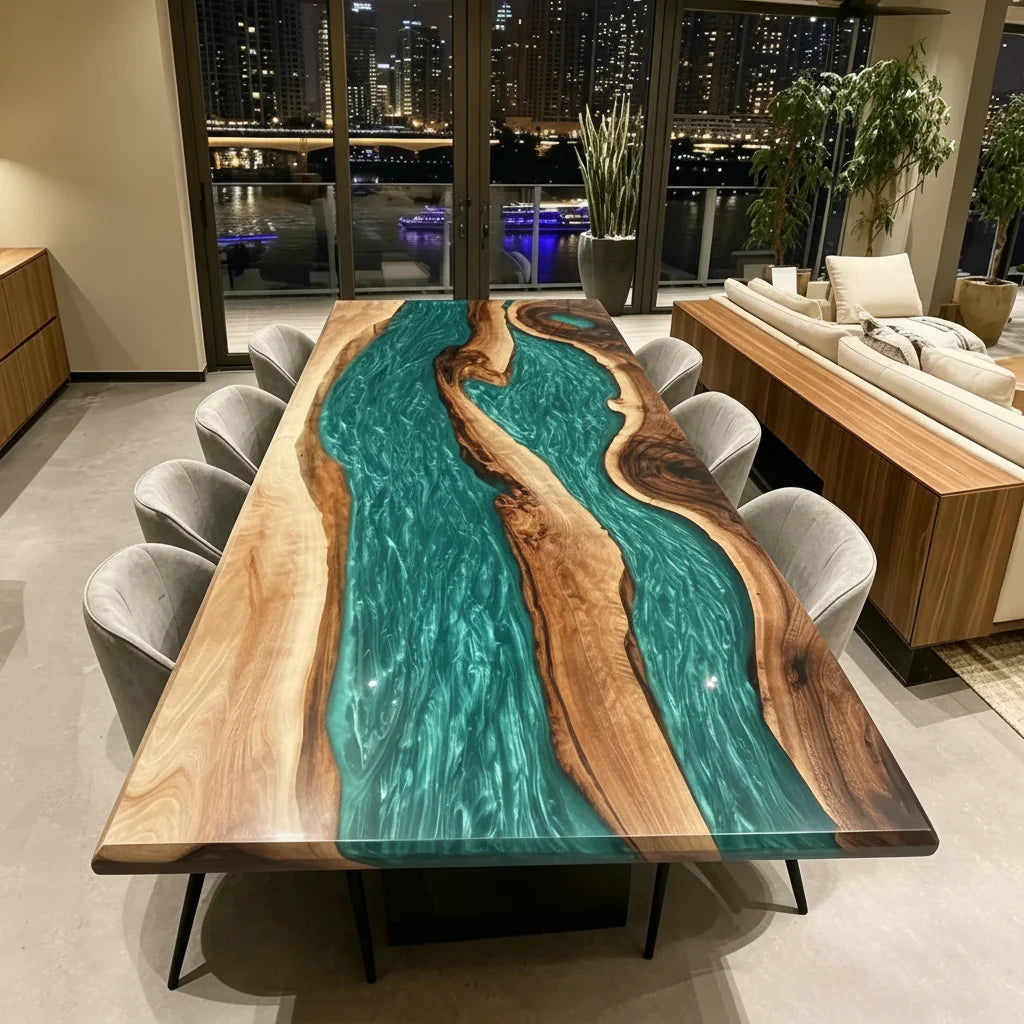 Verdant Green Walnut River Dining Table by Thomas Dawn